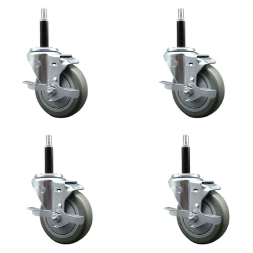 Service Caster Brand ステンレススチール ポリウレタン 回転式 拡張ステムキャスター 4個セット 4インチ x 1.25インチ グレーホイールと3/4インチステム付き トップロックブレーキ付き4個付き 総容量1400ポンド