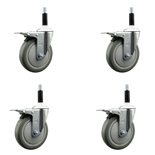 Service Casterブランド ステンレススチール ポリウレタン スイベル拡張ステムキャスター 4個セット 5インチ x 1.25インチのグレーホイールと7/8インチのステム 合計ロックブレーキ4個付き 総容量1400ポンド