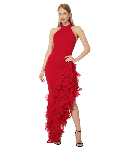 Betsy & Adam レディース ロング アシンメトリー フリル モックネック, レッド, 10