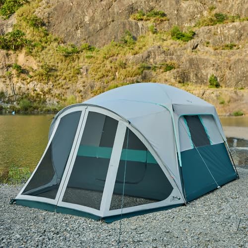 キャンプ用テント スクリーンポーチ付き 6人用 キャンプテント 耐候性 大型キャビンテント レインフライとキャリーバッグ付き ファミリーテント アウトドアキャンプや裏庭用 グリーン
