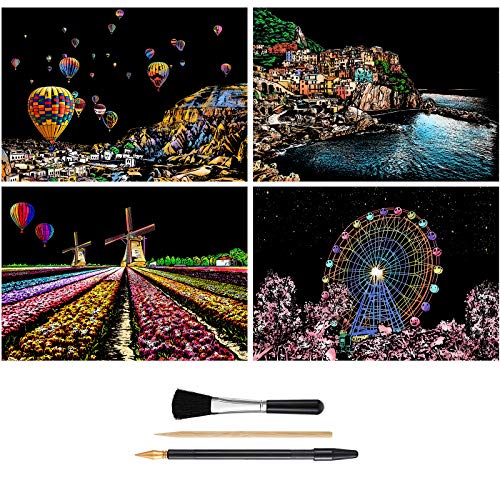 MIASTAR スクラッチ&スケッチアート 子供&大人用 レインボーペインティング 夜景スクラッチボード(A4)、アート&クラフト、スクラッチカード4枚&描画ペン、クリーンブラシ(ヨーロッパシリーズ)