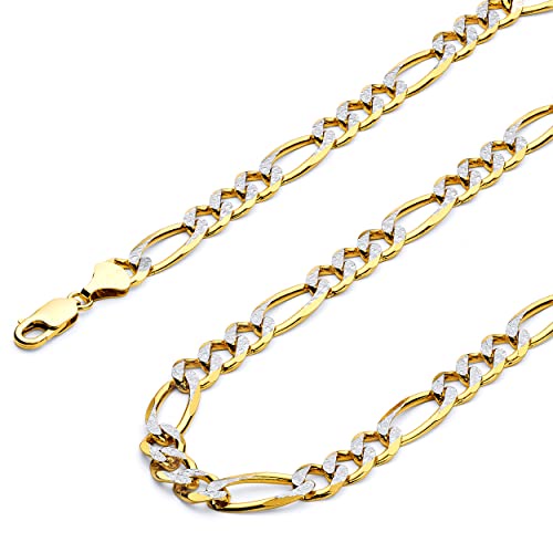 Wellingsale 14 Kイエローゴールド2.5 MM Polished Figaro 3 + 1ホワイトパヴェダイヤモンドカット中空チェーンネックレスwith Lobster Claw Clasp