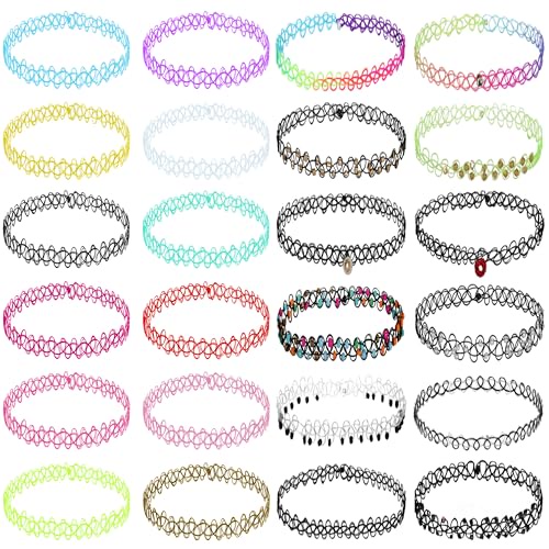 BodyJ4You 24ピース タトゥーチョーカーネックレス - 90年代チョーカーネックレス Y2K ファッショントレンド ヴィンテージ - デイジーフラワーチャーム カラフル レインボー ブラック ゴス ペンダント - 伸縮性のある伸縮ネックレス サマ