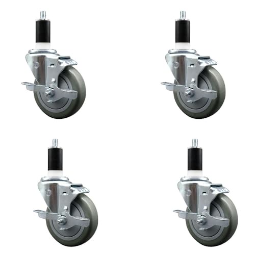 Service Caster ステンレススチール ポリウレタン スイベル拡張ステムキャスター 4個セット 4インチ x 1.25インチのグレーホイールと1-3/8インチのステム付き トップロックブレーキ付き 合計容量1400ポンド