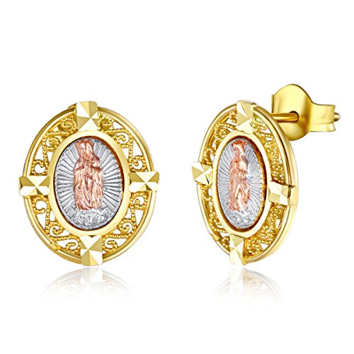 Wellingsale レディース 14K トライ 3色 ゴールド 光沢 グアダルーペの聖母 イヤリング, 貴金属