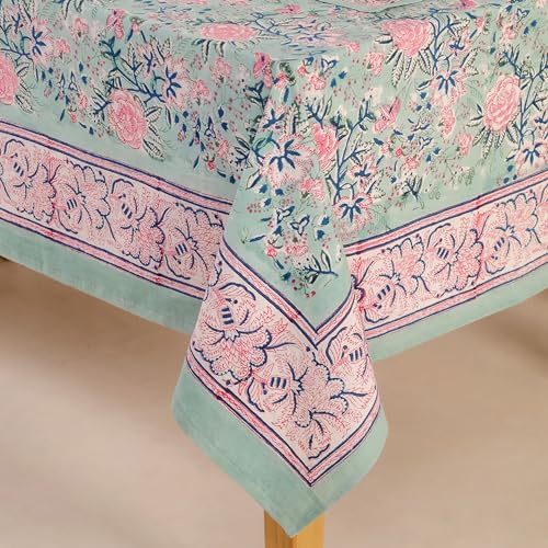 DecorAvenue ハンドブロックプリントテーブルカバー - 絶妙なデザイン、プレミアムコットン生地、ダイニングや装飾に最適、ダイニングテーブルリネン(ミントグリーン、12人掛け72×135インチ長方形)