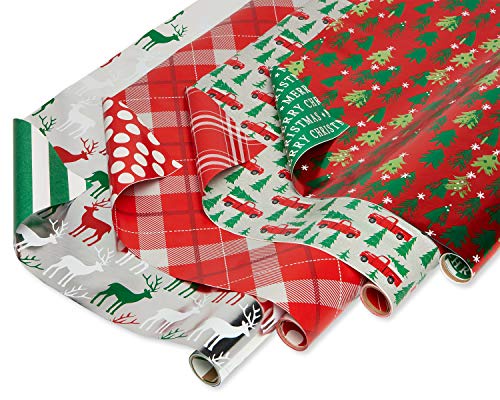 American Greetings 120平方フィート リバーシブルクリスマス包装紙バンドル ストライプ 水玉模様 格子縞 トナカイ トラック 木 4ロール 30インチ x 12フィート