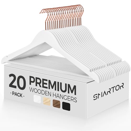 Smartor 木製ハンガー 20本パック クローゼット用丈夫なコートハンガー 高品質の滑り止めハンガー プレミアム高耐久ハンガー 丈夫なコートハンガー パンツハンガー スーツハンガー 360度ローズゴールドフック付き ホワイト