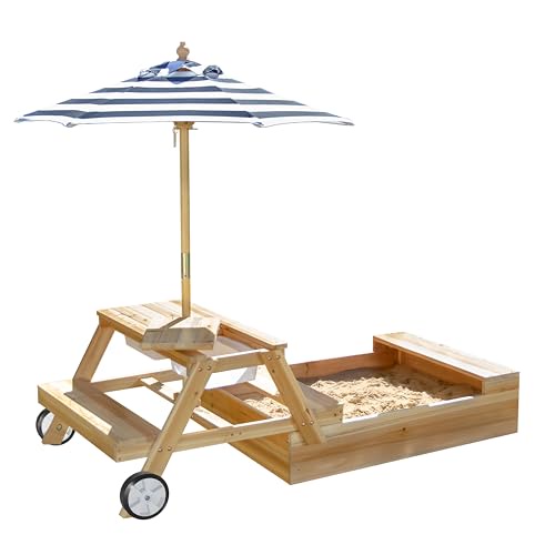 Teamson キッズ アウトドア エクスプローラー 2イン1 木製サンドボックス + ピクニックテーブル アクセサリー付き 子供用サンドボックス カバー付き アウトドアプレイセット ピクニックテーブル