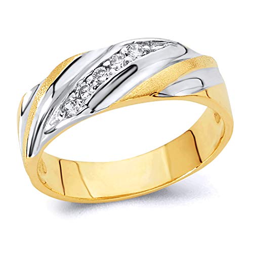 Wellingsaleメンズソリッド14 K 2つ2トーンホワイトとイエローゴールドポリッシュCZキュービックジルコニアウェディングバンド