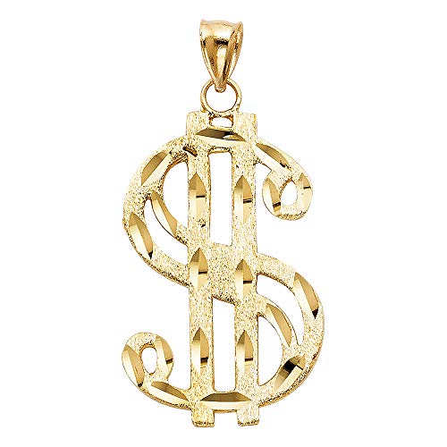 Wellingsale 14K イエローゴールド 光沢仕上げ ダイヤモンドカット 装飾的 ダラー サイン ペンダント