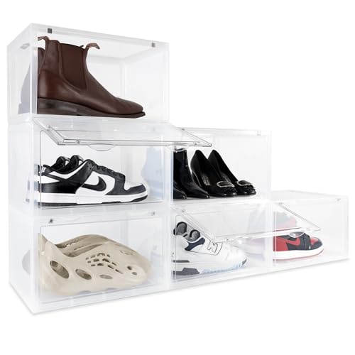 OLLIE (オリリー) XL 靴収納ボックス ? 折りたたみ式積み重ね可能な靴収納オーガナイザー クローゼット用 ? クリアハードプラスチック 大きな靴収納ボックス 最大サイズ13対応 ? アクリルシューズボックスストレージコンテナ ジョーダン スニーカ