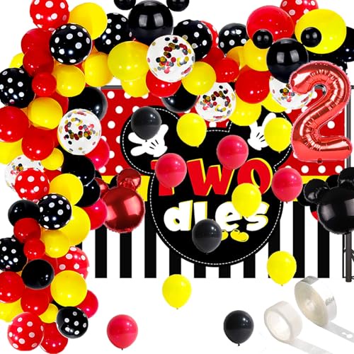 ミッキー2歳の誕生日パーティー用品 98枚 5 x 3フィート ミッキーOh Twodles 写真撮影用背景幕 ミッキー風 2歳の誕生日 バルーンアーチガーランドキット マウス 2歳の誕生日パーティーデコレーション