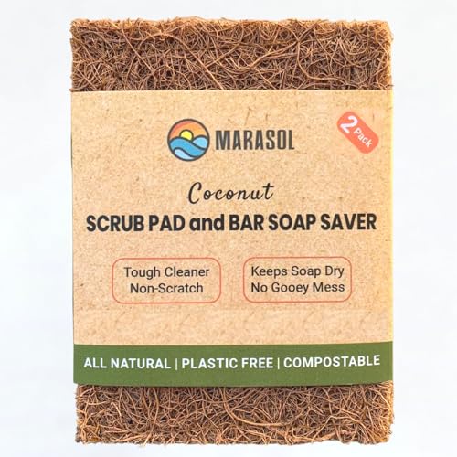 Marasol ソープセーバーとスクラブパッド (2) ココナッツ繊維 堆肥可能 プラスチック不使用 ゴミゼロバーソープホルダー 丈夫な傷がつかない研磨パッド 野菜ブラシ 2個パック