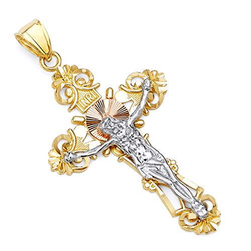 Wellingsale 14 K 3 3色ゴールド光沢仕上げダイヤモンドカットOrnate Religious Catholicゴシック十字架チャームペンダント