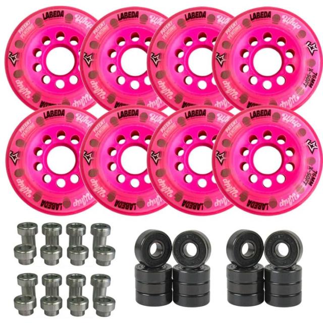 Labeda Whips ローラーホッケーホイール - ピンク ソフトヒロセット 76mm/80mm - 8個パック Evoスペーサーとハイブリッドセラミックベアリング付き