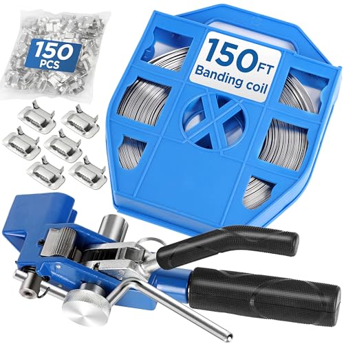 スチールストラップキットバンディングツール ? パレットパッケージバンディングテンショナー&カッティングツール 3/4インチ * 150FT S304 バンディングコイル(プラスチックトート)、150個 イヤーロックバックル、高張力用ラチェットバンディング