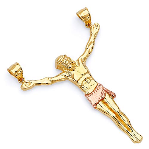 Wellingsale 14K 2トーン ローズとイエローゴールド 光沢仕上げ ダイヤモンドカット 装飾 宗教 イエスキリスト 吊り下げチャームペンダント
