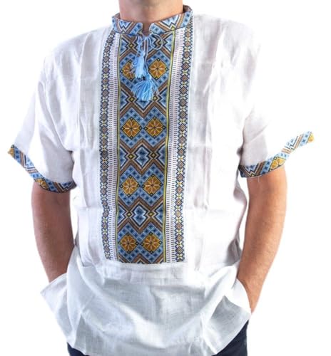 Rushnichok Vyshyvankaメンズウクライナ刺繍シャツハンドメイドWhireブルーイエローリネン半袖4 x l