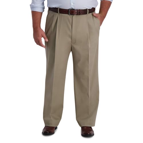 Haggar メンズ B&T アイロンフリー プレミアムカーキ クラシックフィット プリーツフロント 拡張可能 ウエストパンツ US サイズ: 54x34 カラー: ブラウン
