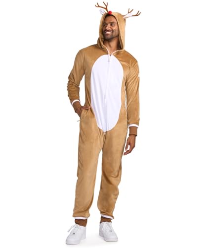 Tipsy エルフ 赤い鼻のトナカイ ジャンプスーツコスチューム - かわいいブラウン ルドルフ ホリデー 動物 ワンジー 家族向け レッドノーズドトナカイブラウン(メンズ) XX-Large
