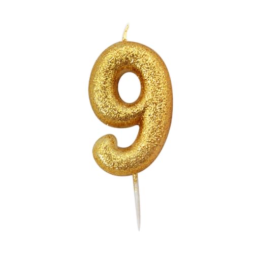 Age 9 Glitter Numeral Moulded Pick Candle Gold