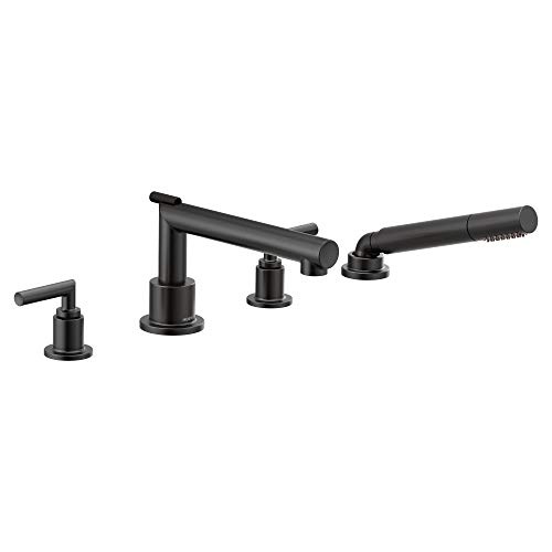Moen TS93004BL Arris 2ハンドル デッキマウント モダン ローマン 浴槽蛇口トリムキット バルブが必要 シングル機能ハンドシャワー付き マットブラック