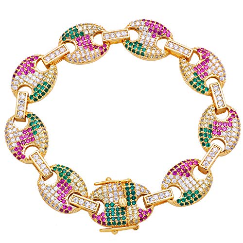 Moca Jewelry アイスアウト 豚の鼻ファッションボタンチェーン 18Kゴールドメッキチェーン キラキラキュービックジルコニア 模造ダイヤモンド ヒップホップブレスレット 男女兼用, 7 inch, 金属, キュービックジルコニア