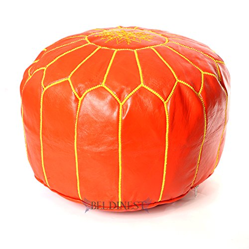BeldiNest StuffedモロッコレザーPoufで異なる色付きステッチレザーオットマン 14 inches high x 20 inches in diameter オレンジ