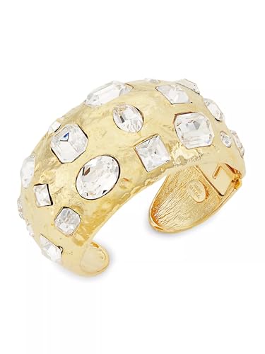KENNETH JAY LANE、クリアクリスタルアクセント付きサテンゴールドカフ、2インチ、クリスタル, 2 inch, クリスタル