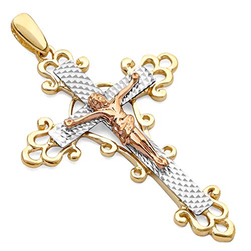 Wellingsale 14K 3色 ゴールド 光沢 ダイヤモンド カット 装飾 宗教 カトリック ギリシャ 十字架 ペンダント
