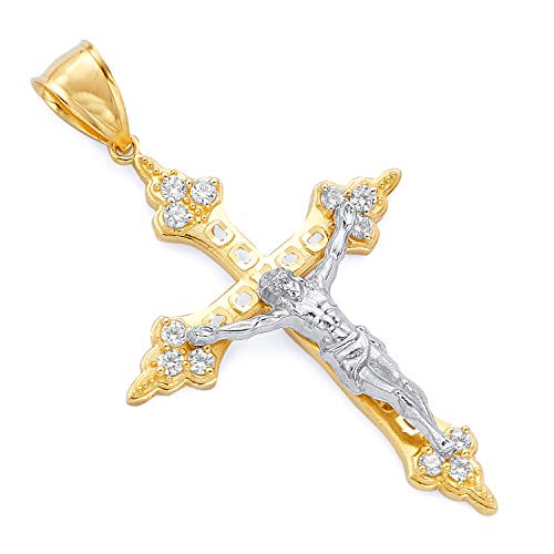 Wellingsale 14K ツートーン ホワイトとイエローゴールド 光沢仕上げ 装飾的 宗教 カトリック ゴシック 十字架ペンダント キュービックジルコニアアクセント, クリスタル, キュービックジルコニア