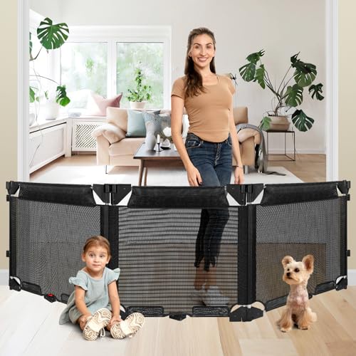 82インチ エクストラワイド ベビーゲート 3パネル 折りたたみ式 犬用ゲート 家用 高さ27.5インチ 簡単ステップオーバードッグゲート メッシュ ベビーバリア ハードウェア マウントドッグフェンス 屋内 ショート ペットゲート 階段 出入り口用 (ブラ