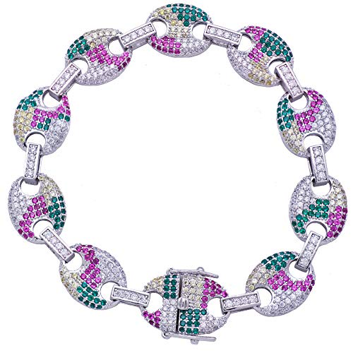 Moca Jewelry アイスアウト 豚の鼻ファッションボタンチェーン 18Kゴールドメッキチェーン キラキラキュービックジルコニア 模造ダイヤモンド ヒップホップブレスレット 男女兼用, 金属, キュービックジルコニア