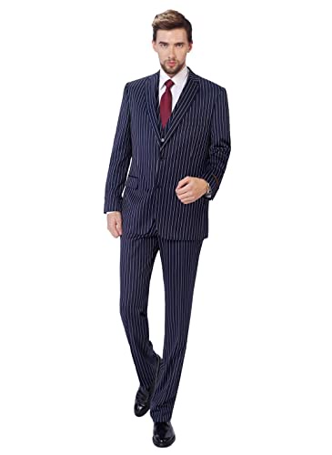 P and L メンズ 3ピース クラシックフィット ドレススーツ タキシード ブレザー ジャケット タキシード ベスト and パンツセット, ネイビーストライプ, 38 Short