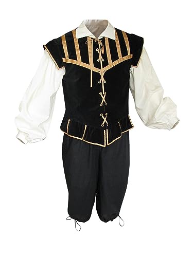 メンズ ルネッサンス 3ピース ダブレット コスチューム ポエットシャツとブリーチ付き L ブラック 1