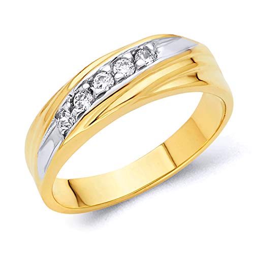 Wellingsaleメンズソリッド14 K 2つ2トーンホワイトとイエローゴールドポリッシュCZキュービックジルコニアウェディングバンド