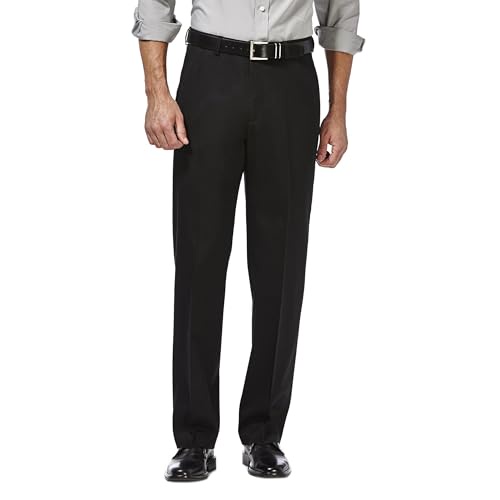 HAGGAR 前開き無地ズボン メンズ 高品質 アイロン不要 ウエスト調節可能 US サイズ: 38W x 31L カラー: ブラック