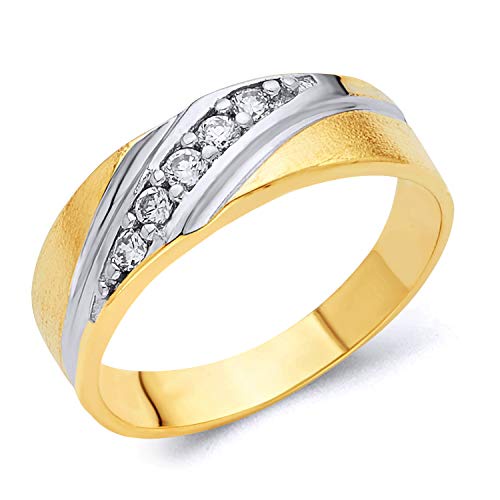 Wellingsaleメンズソリッド14 K 2つ2トーンホワイトとイエローゴールドポリッシュCZキュービックジルコニアウェディングバンド