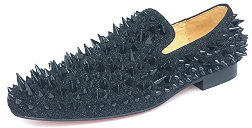 Justar メンズ レザー スパイク ローファー スタッズ ドレスシューズ スリッポン フラット ロング リベット パーティーシューズ, ブラック, 10