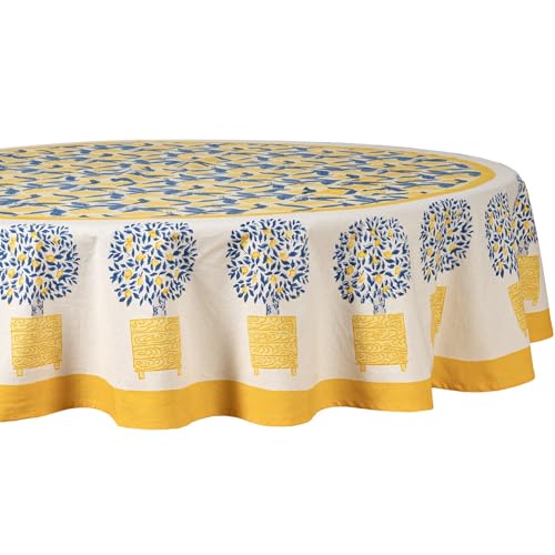 Couleur Natureレモンツリーテーブルクロス、ブルー/イエロー 90-Inch Round 97-12-90