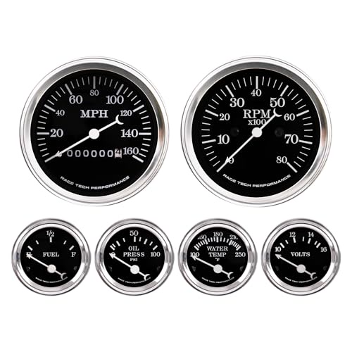 RACETECH クラシック6ゲージセット - 85mm 3-3/8インチ 機械式スピードメータータコメーター - 52mm 2-1/16インチ 電圧 燃料レベル 水温 油圧 - 160MPH 240-33 Ohm - ブラックダイヤル ホワイトニードル