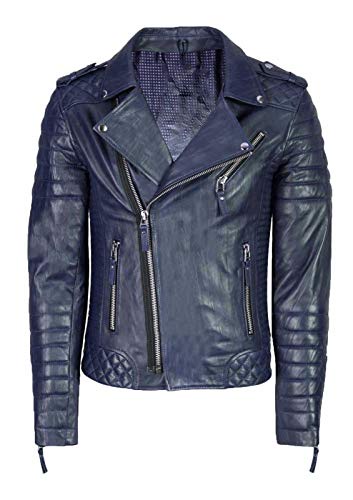 ニューファッションスタイル メンズ レザージャケット オートバイ ボンバー バイカー ダークブラウン 本革ジャケット メンズ US サイズ: Small カラー: ブルー