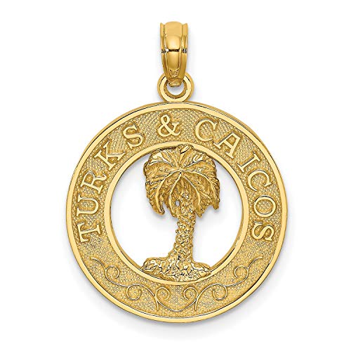 Jewelry Stores Network 14K イエローゴールド タークス and カイコス諸島の言葉 ヤシの木付き ラウンドダイムサイズ ペンダント 18mm x 18mm