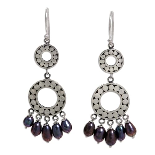 NOVICA ハンドメイド .925スターリングシルバー 養殖淡水パール シャンデリアイヤリング ホワイト誕生石 [長さ2.4インチ x 幅0.8インチ x 奥行き0.2インチ] 「Eclipse in Black」, スターリングシルバー 木材 パール,