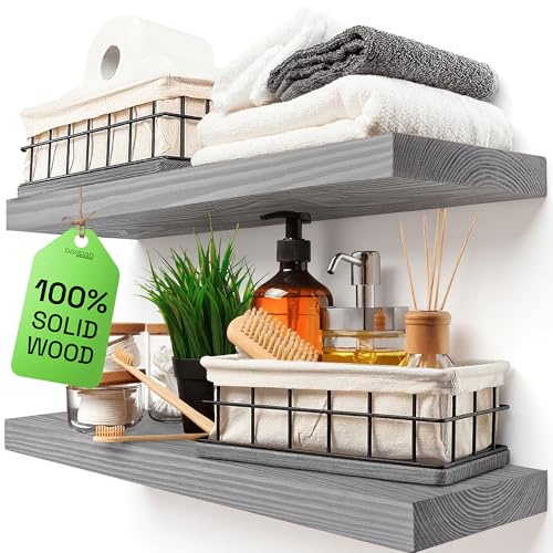 再生木製フローティングシェルフ 2個セット - 素朴な棚 24インチ - ヨーロッパ製 - ワイド木製ウォールシェルフ リビングルーム ベッドルーム キッチン バスルーム ファームハウス用 - 風化グレー仕上げ - 24インチ x 6.7インチ