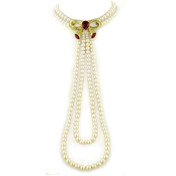 Antiquities Couture Simulated Pearl and Bowネックレスwithレッドクリスタルアクセント