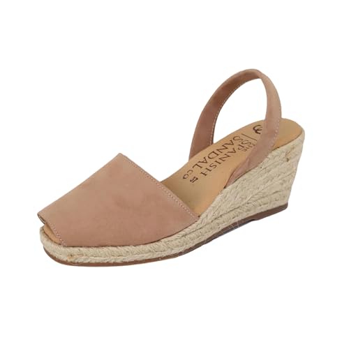 The Spanish Sandals co エスパドリーユウェッジレディースサンダル - 快適なAvarcas ピープトゥサンダル - Menorquinas ウェッジサンダル 女性用 - エスパドリーユウェッジサンダル - タンヌバック, タン ヌバッ