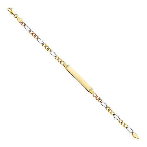 Wellingsale 14k トライ 3色 ゴールド ブリリアントフィガロ 3+1 IDブレスレット - 7.5インチ
