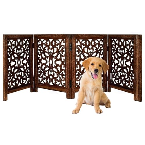 リーフカットワーク 木製 折りたたみ式 ペット 犬 安全ゲート - 4パネル 72インチ x 高さ24インチ - 手彫り 無垢材 & MDF - 自立式 ポータブル 屋内 玄関 ホール 階段 犬 子犬 フェンス - アンティークブラウン